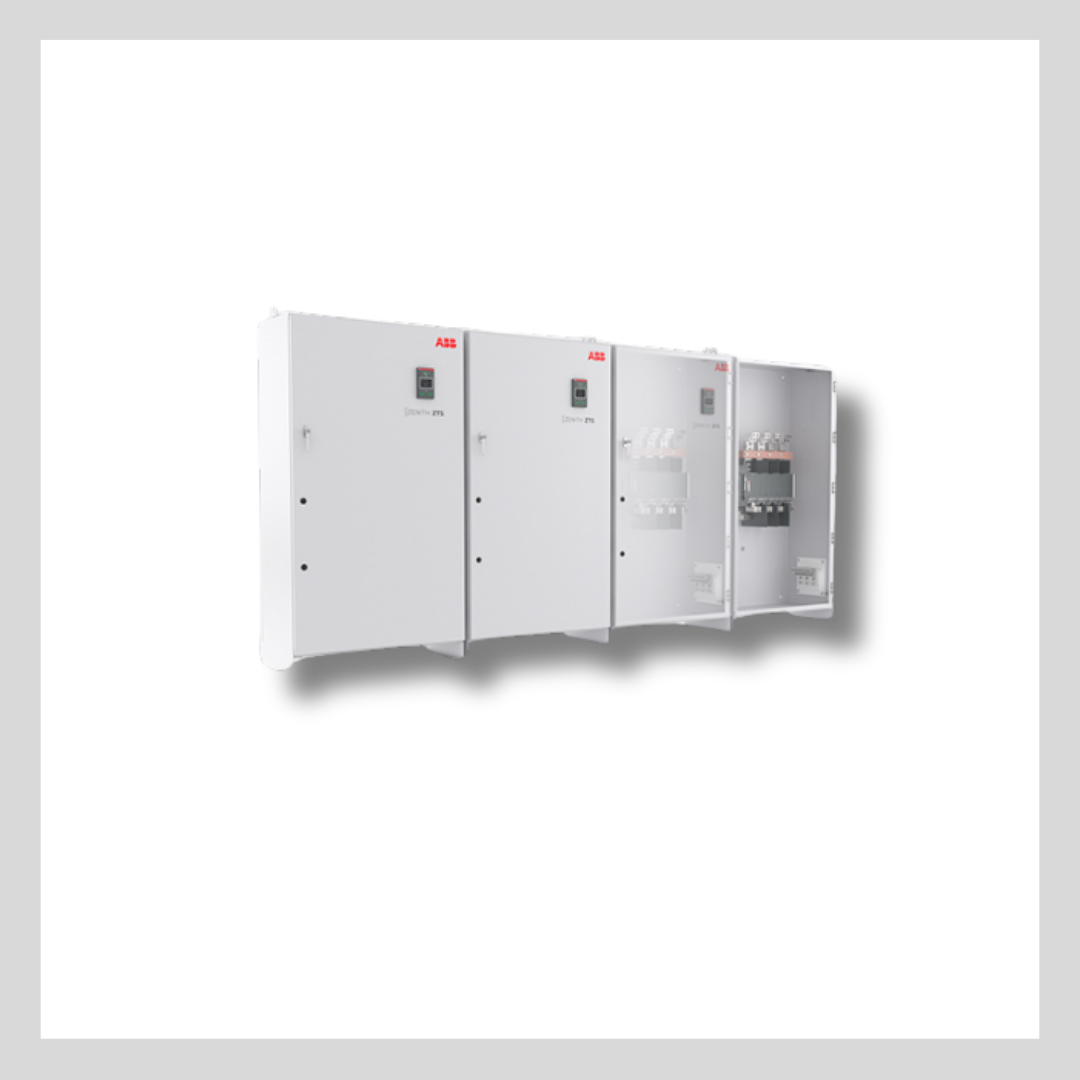Exterior and interior of an ABB automatic transfer switch showing front panel and interior where electrical connections can be made.