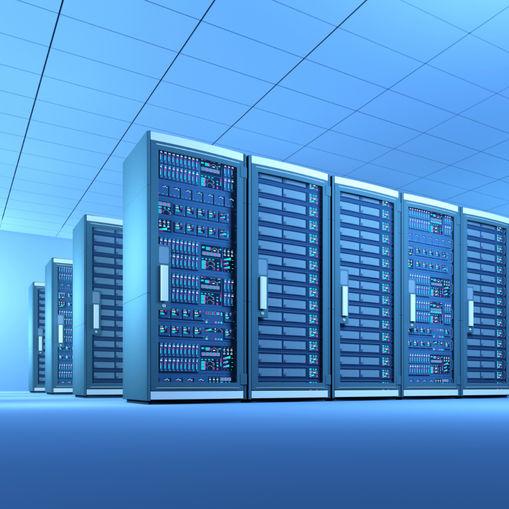 Image of racks of servers in a data center cast in a blue light