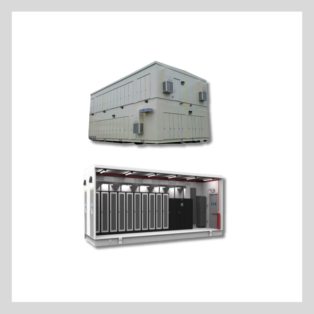 Two large pre-fab metal buildings for housing electrical equipment
