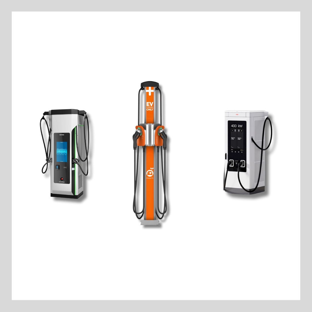 Photo of three EV chargers from ABB, Siemens and Chargepoint.