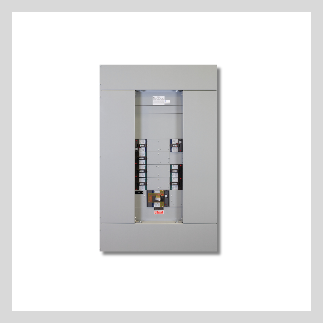 Exterior of a gray, rectangular LV panelboard with switches in two rows