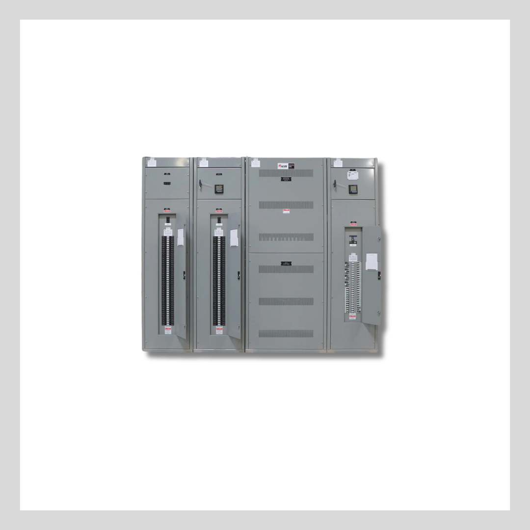 Large, rectangular LV switchboard with rows of switches, access panels and venting along the front