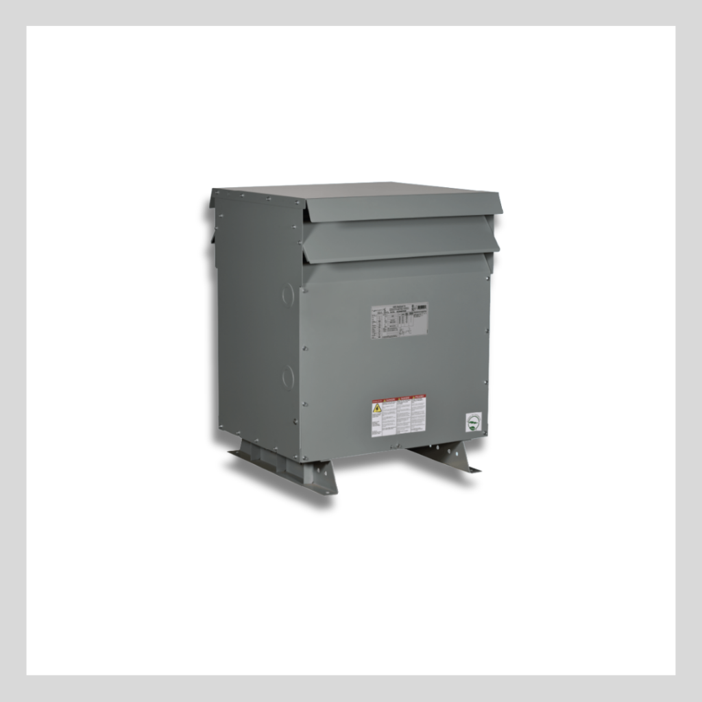 Exterior of a small, gray, square low-voltage transformer on skids.