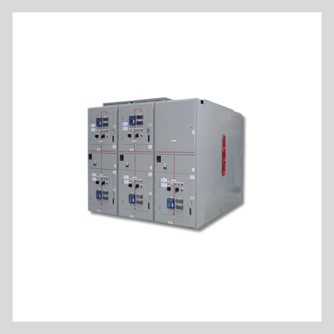 Exterior of a large, square, gray MV switchgear unit with dials, lights and access panels along the front