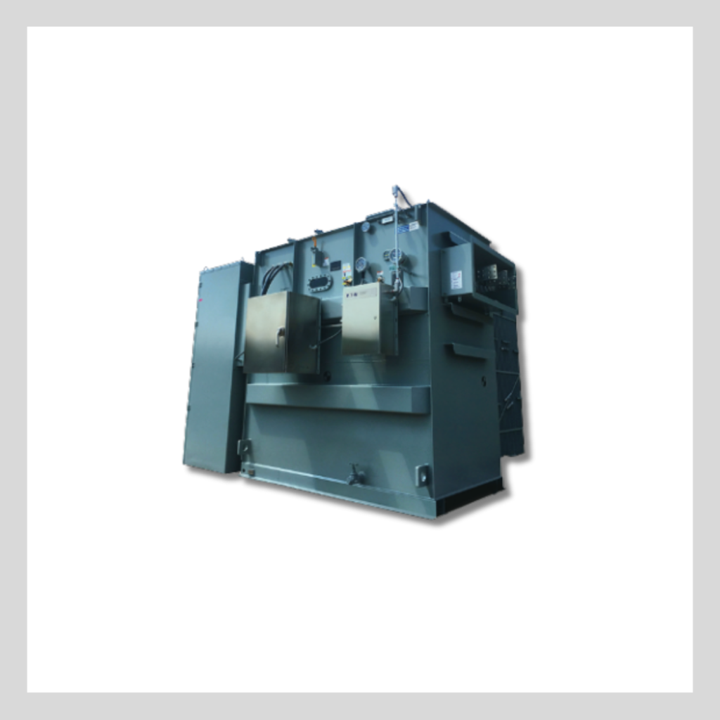 Large metal MV transformer unit with access panels, wiring, and boxes on the front