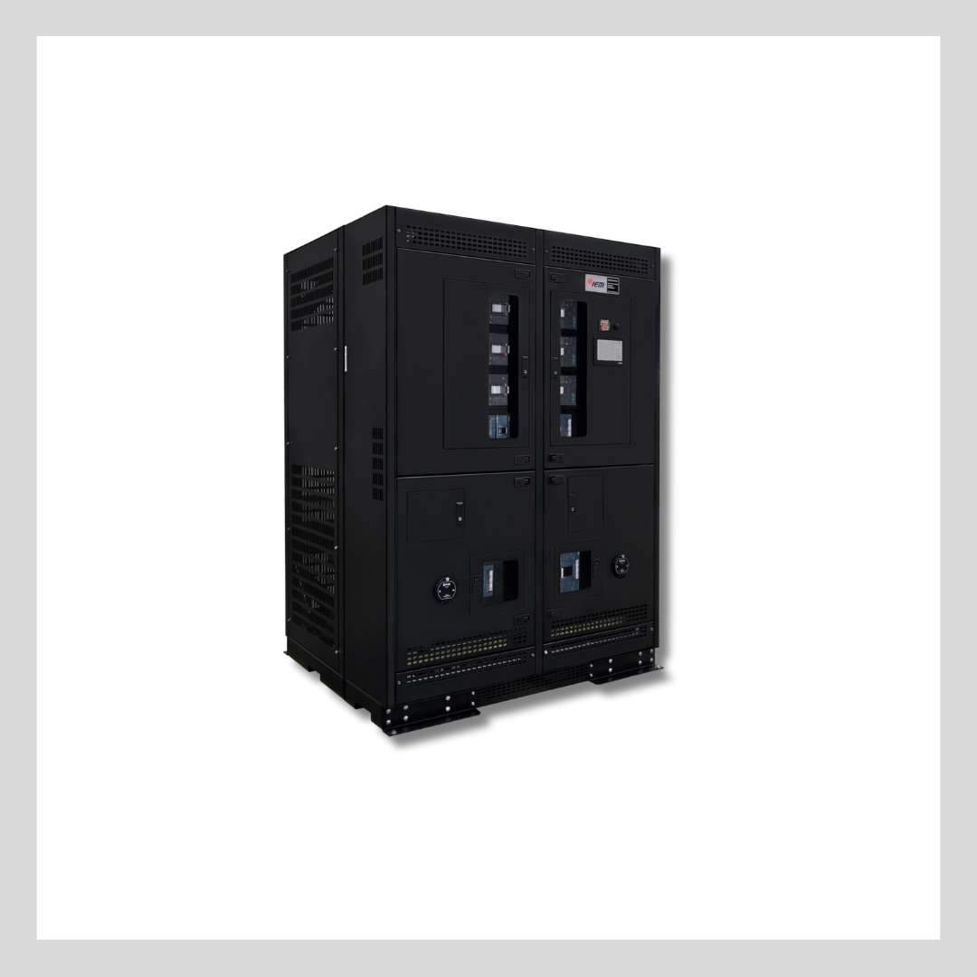 Tall, black PDU with computer interfaces, venting and access panels on the front