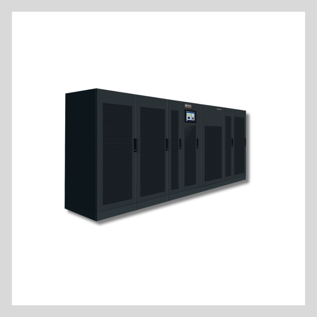 Black, rectangular Liebert Trinergy Cube UPS by Vertiv with venting, computer interface and access panels along the front