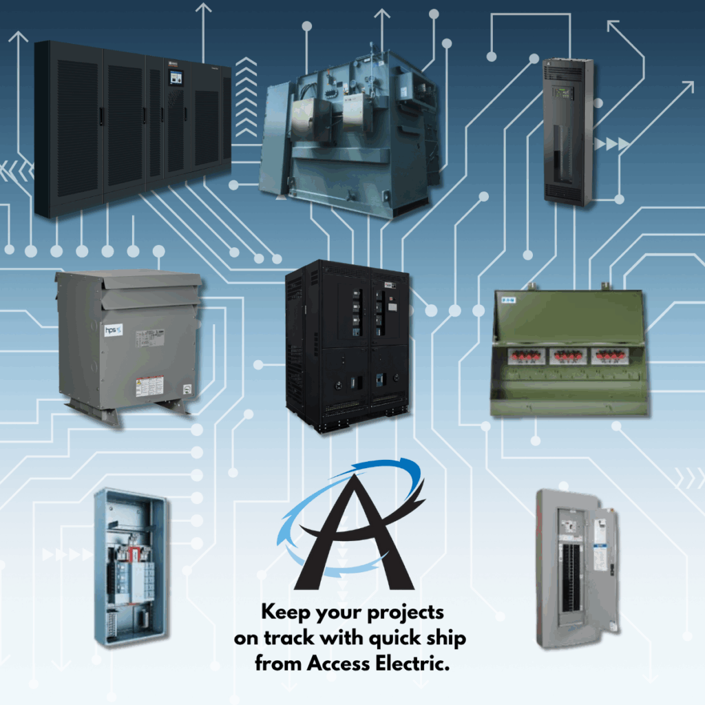 Collage of several electrical supply products over ombre background with the words 'keep you projects on track with quick ship from Access Electric'