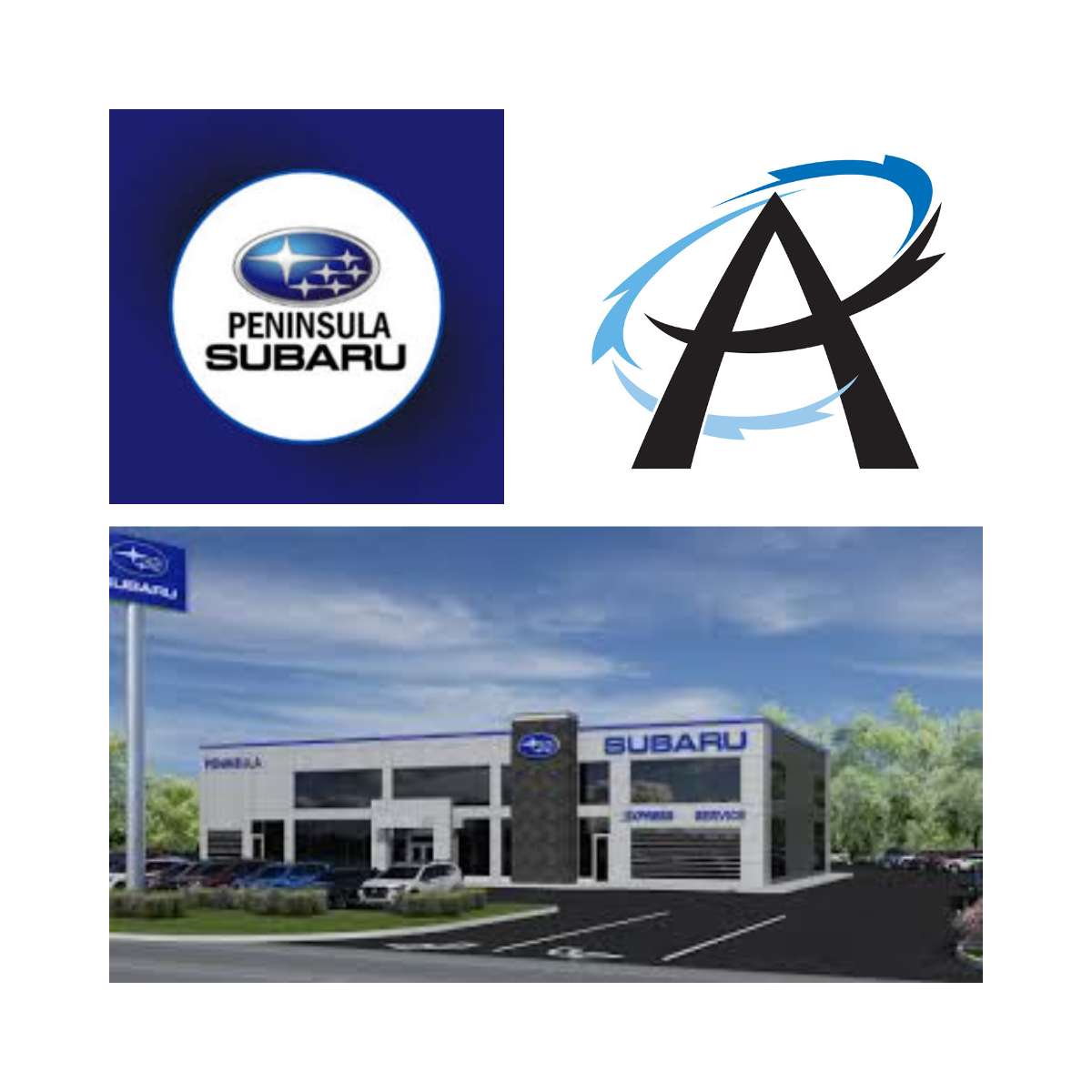 Peninsula subaru logo, Access Electric logo, and architectural rendering of Peninsula Subaru